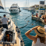 fueling a yacht in Croatia busy marina fuel dock with boats waiting